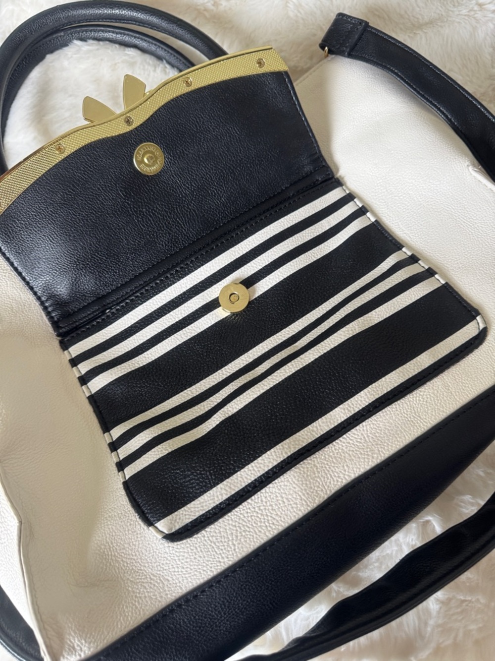 Betsy Johnson Cream and Black Striped Tote with Gold Bow Accent - Picture 9 of 9